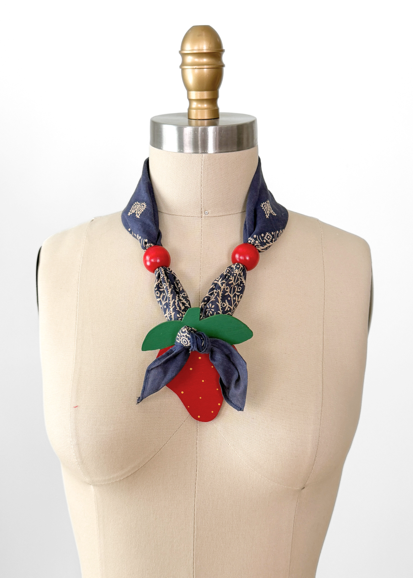 Vintage Strawberry Pendant Blue Bandana Handkerchief Scarf Necklace