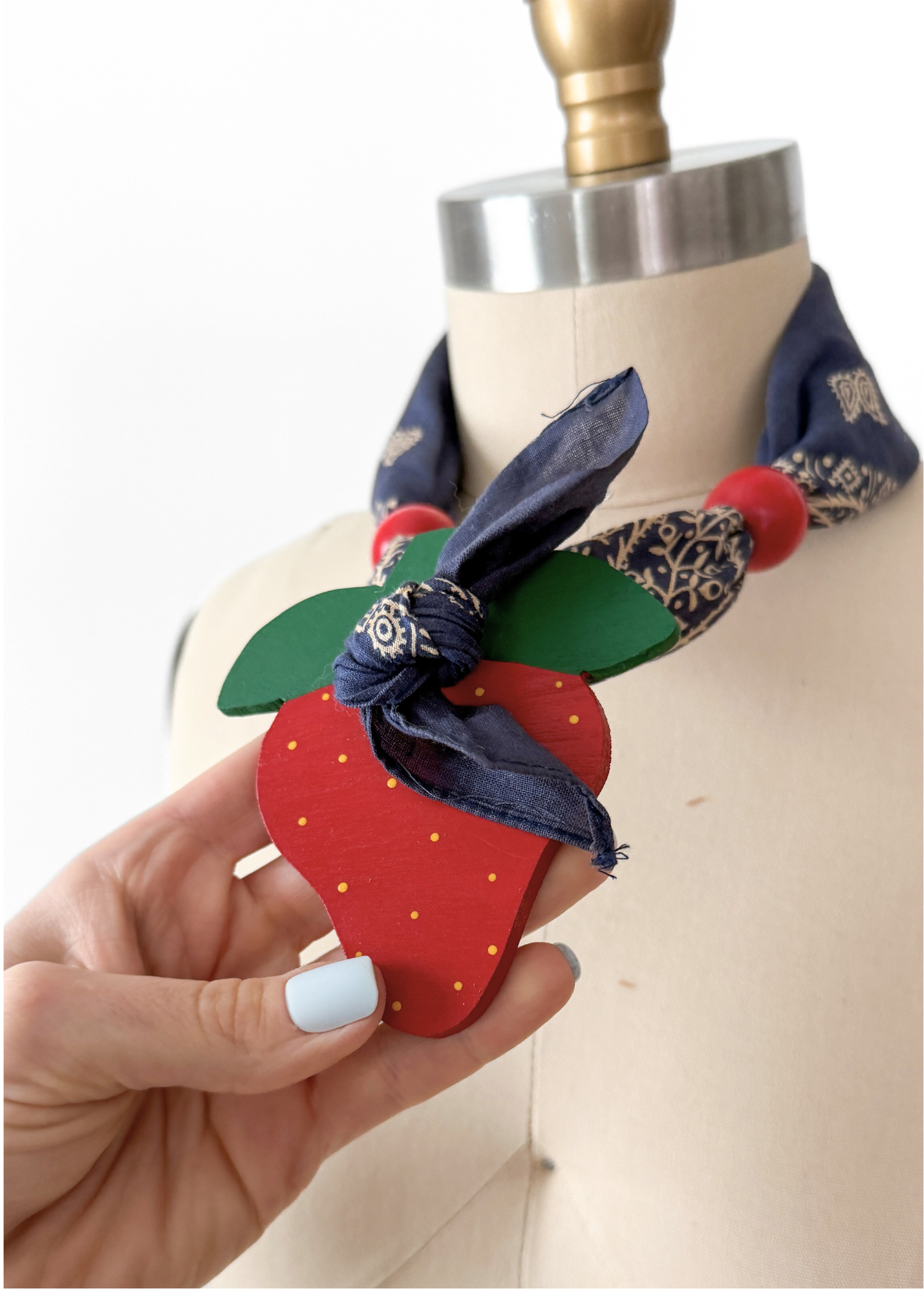 Vintage Strawberry Pendant Blue Bandana Handkerchief Scarf Necklace