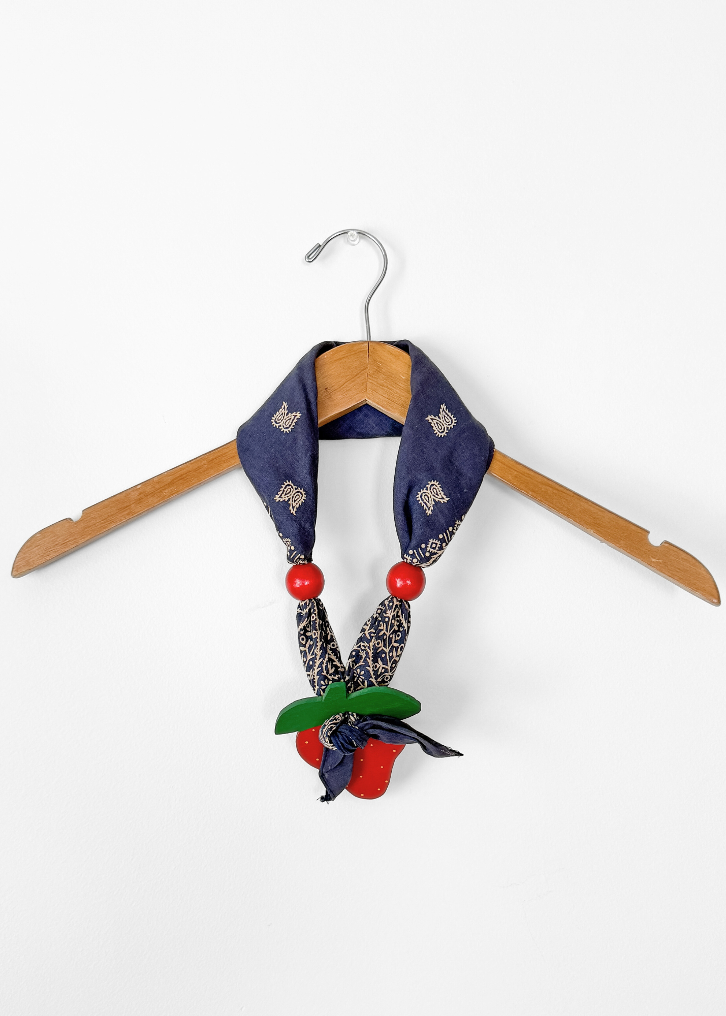 Vintage Strawberry Pendant Blue Bandana Handkerchief Scarf Necklace