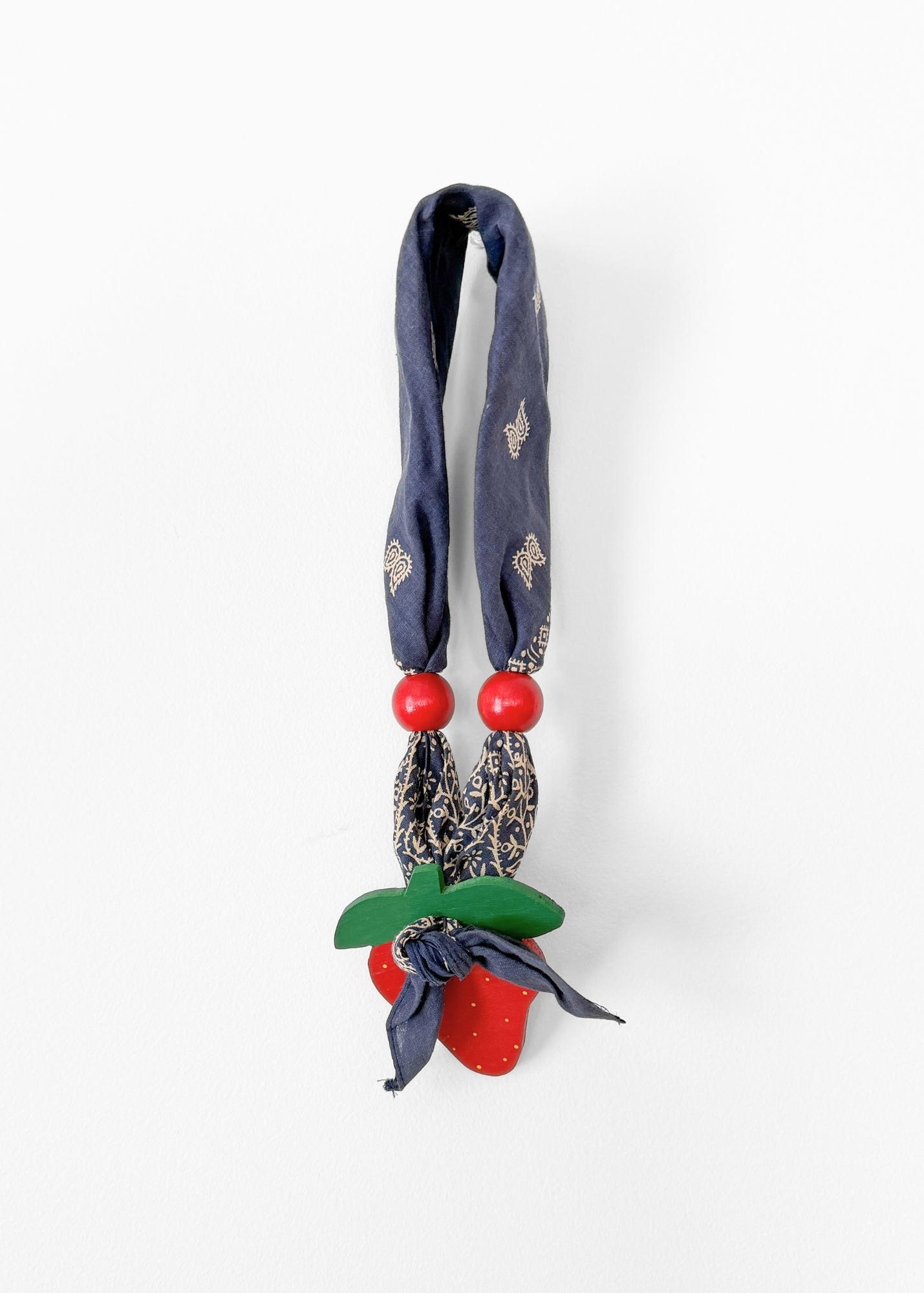 Vintage Strawberry Pendant Blue Bandana Handkerchief Scarf Necklace