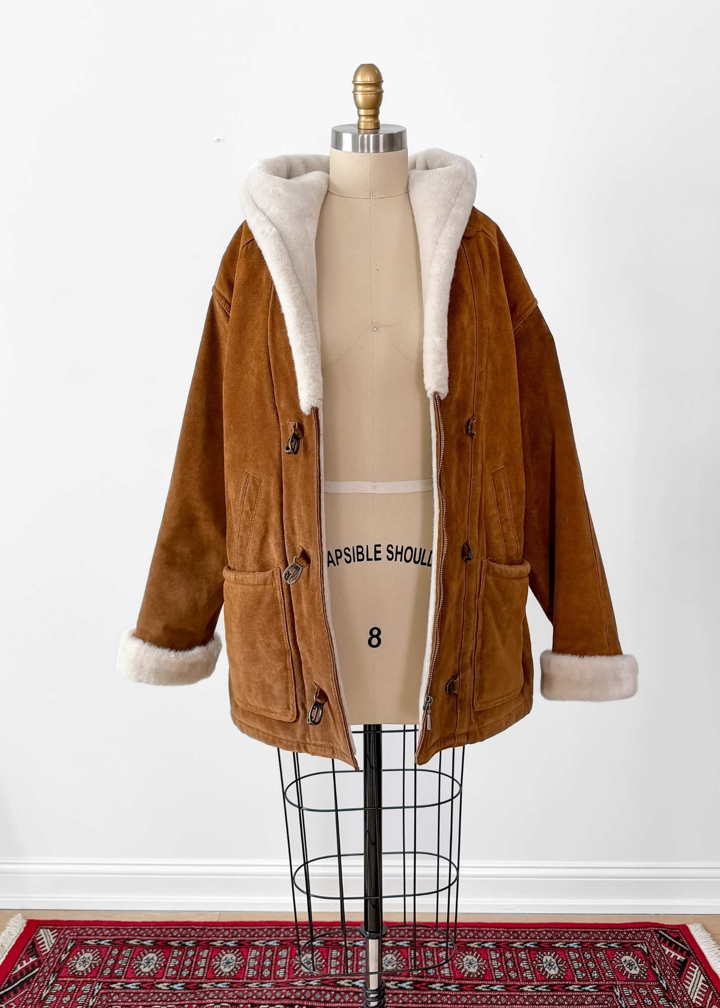 Vintage 90s Brown Suede Leather Faux Fur Lining Winter Coat (L)