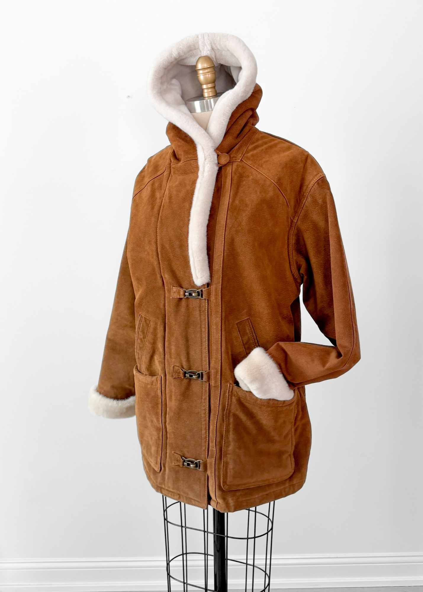 Vintage 90s Brown Suede Leather Faux Fur Lining Winter Coat (L)