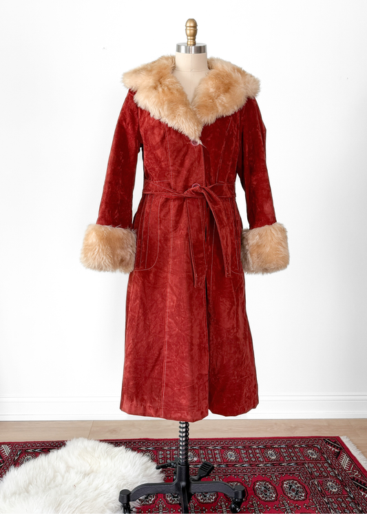 Vintage 70s Rust Crushed Velvet & Faux Fur Penny Lane Coat (M)