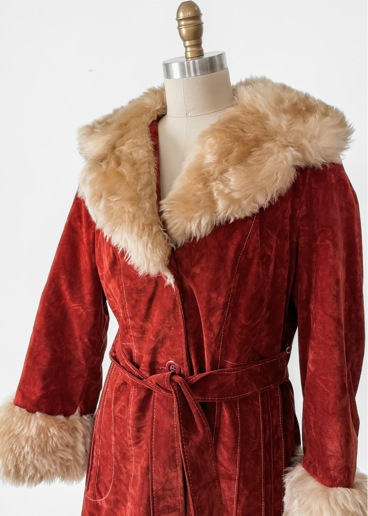 Vintage 70s Rust Crushed Velvet & Faux Fur Penny Lane Coat (M)