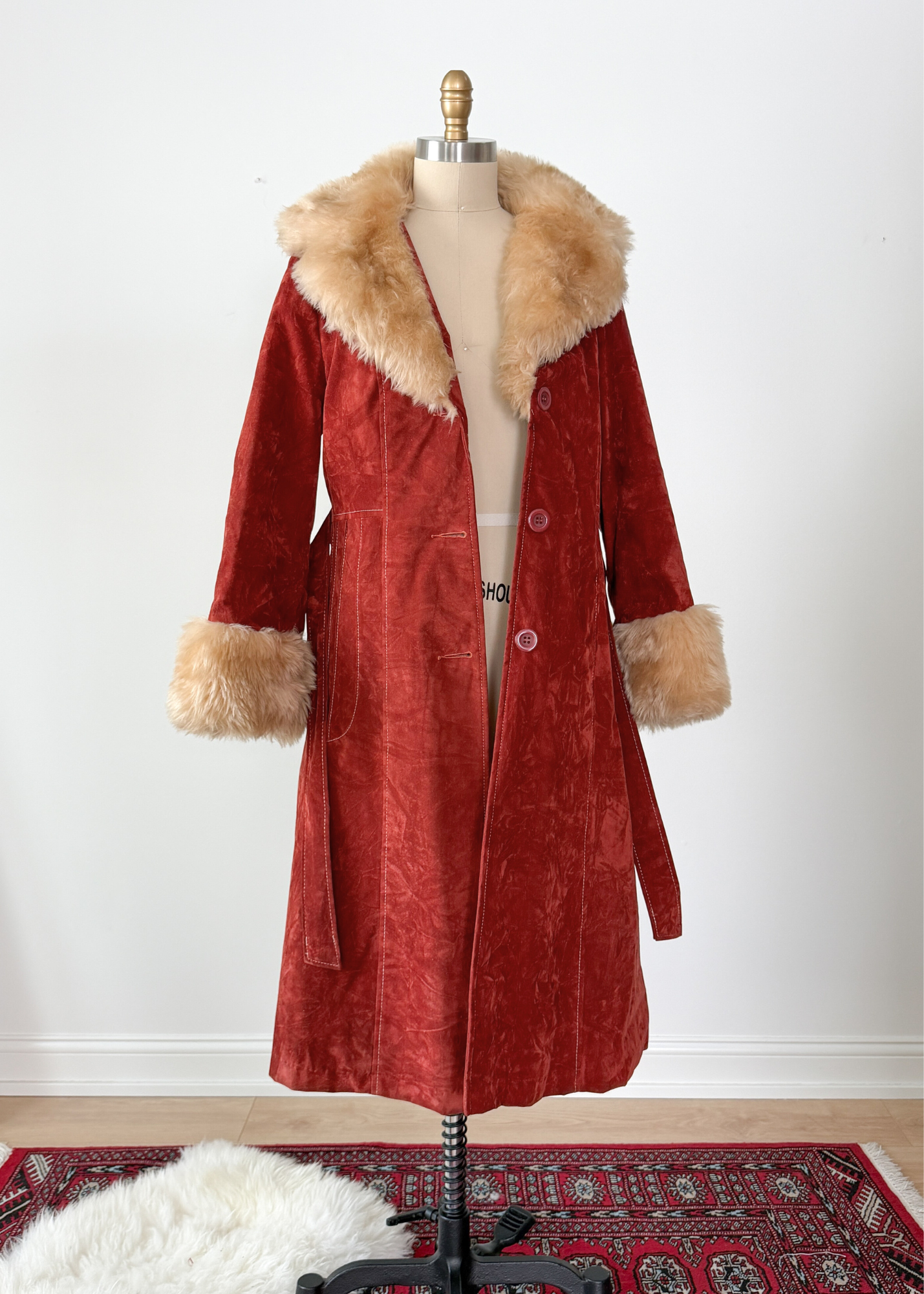 Vintage 70s Rust Crushed Velvet & Faux Fur Penny Lane Coat (M)