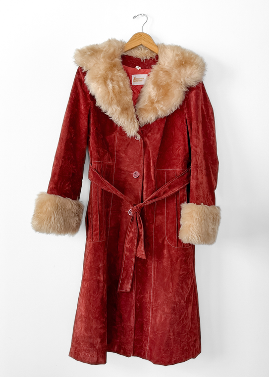 Vintage 70s Rust Crushed Velvet & Faux Fur Penny Lane Coat (M)