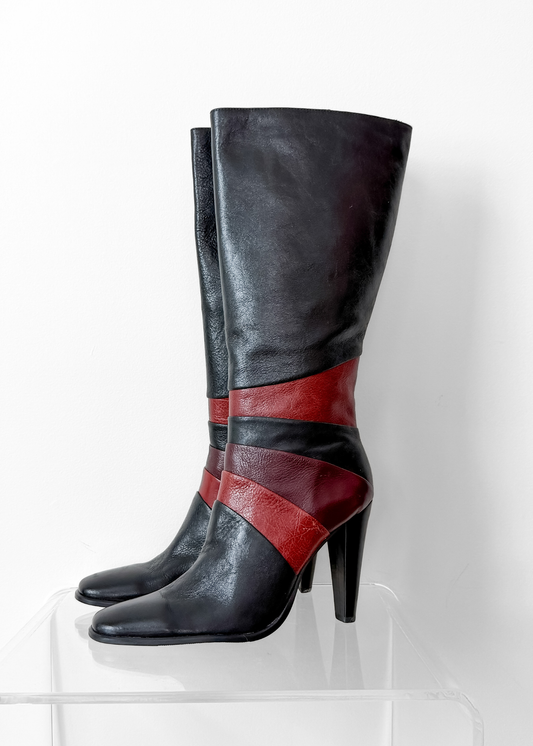 Vintage 90s Bronx Black Leather Patchwork Heeled Tall Boots (10)