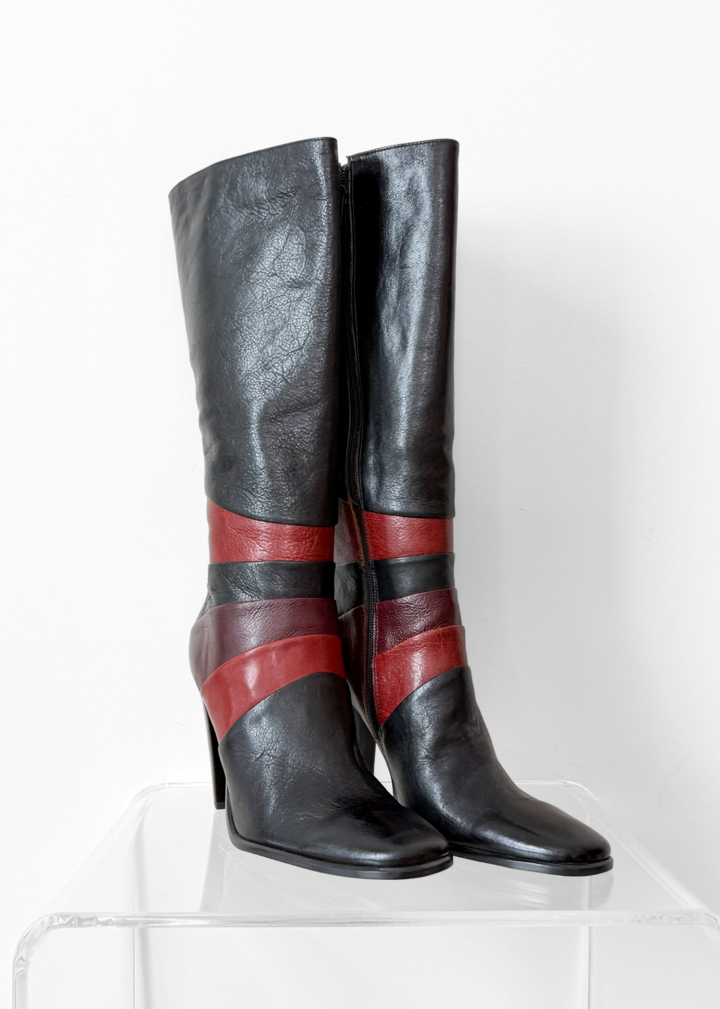 Vintage 90s Bronx Black Leather Patchwork Heeled Tall Boots (10)