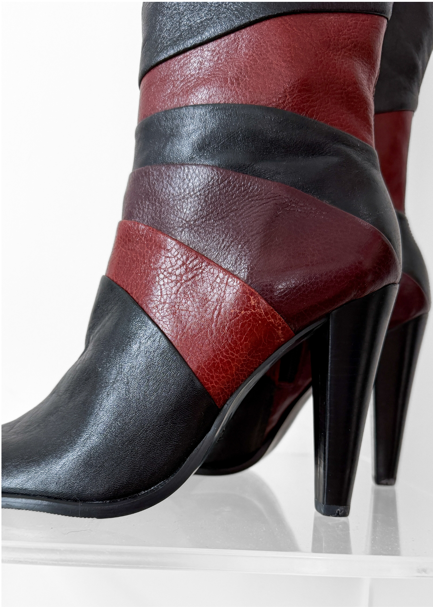 Vintage 90s Bronx Black Leather Patchwork Heeled Tall Boots (10)