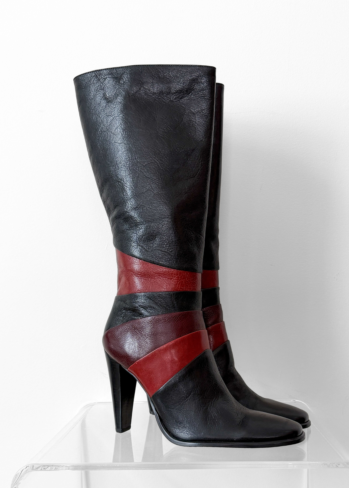 Vintage 90s Bronx Black Leather Patchwork Heeled Tall Boots (10)