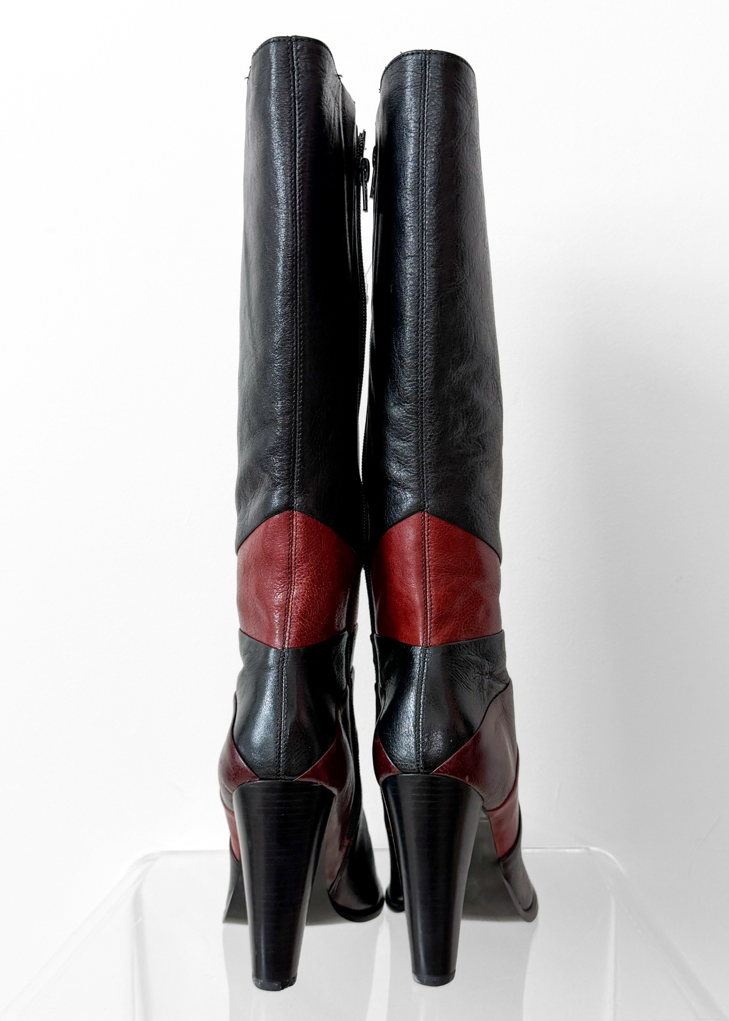 Vintage 90s Bronx Black Leather Patchwork Heeled Tall Boots (10)