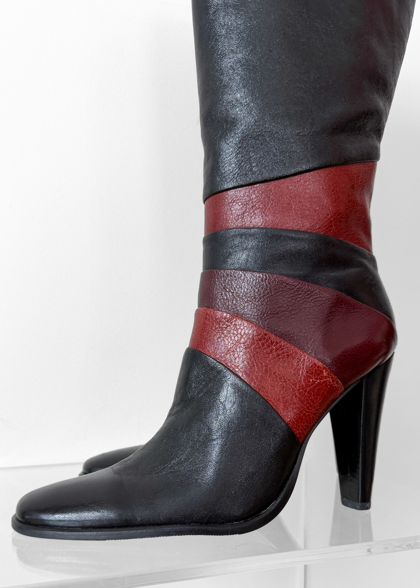 Vintage 90s Bronx Black Leather Patchwork Heeled Tall Boots (10)