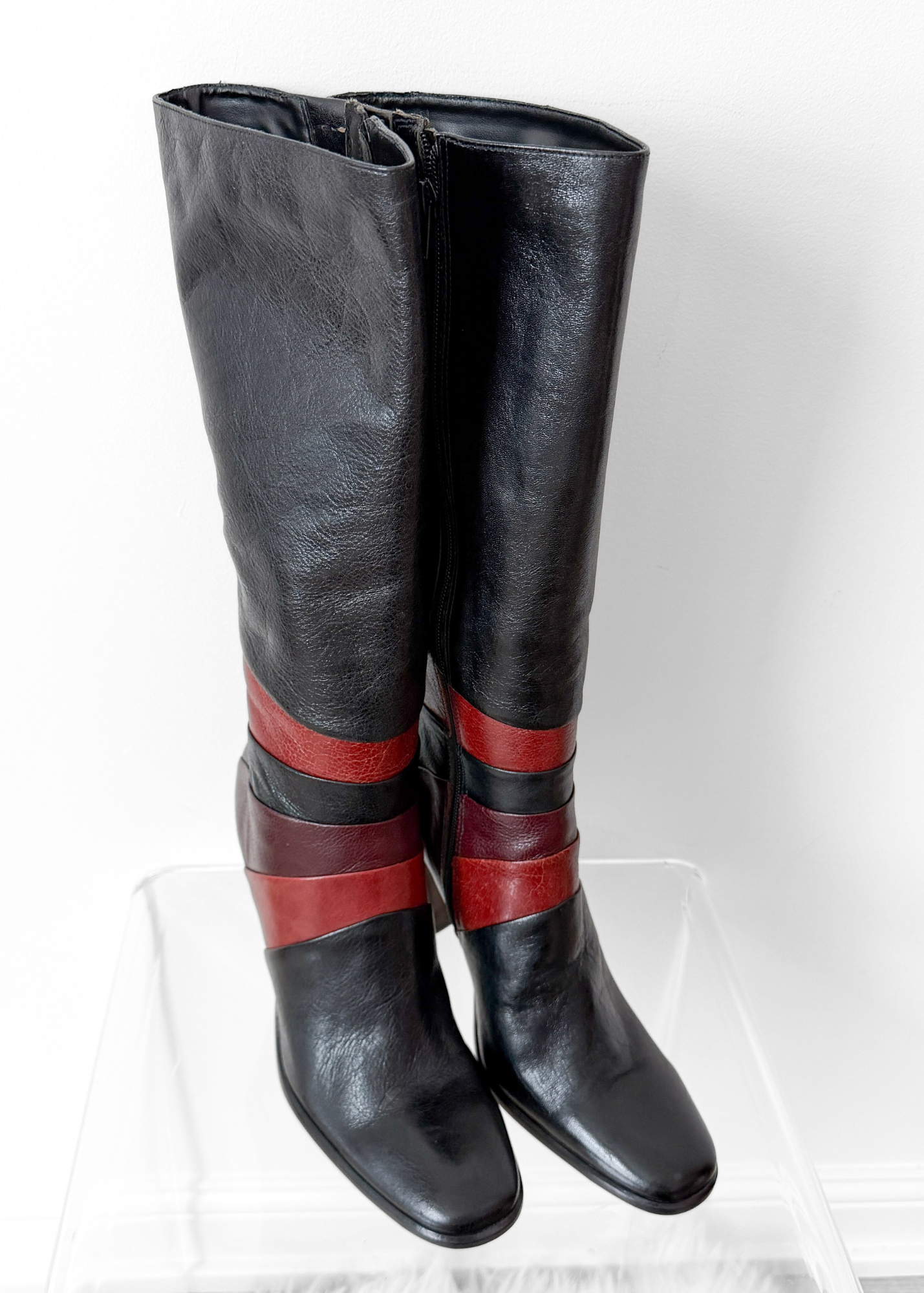 Vintage 90s Bronx Black Leather Patchwork Heeled Tall Boots (10)