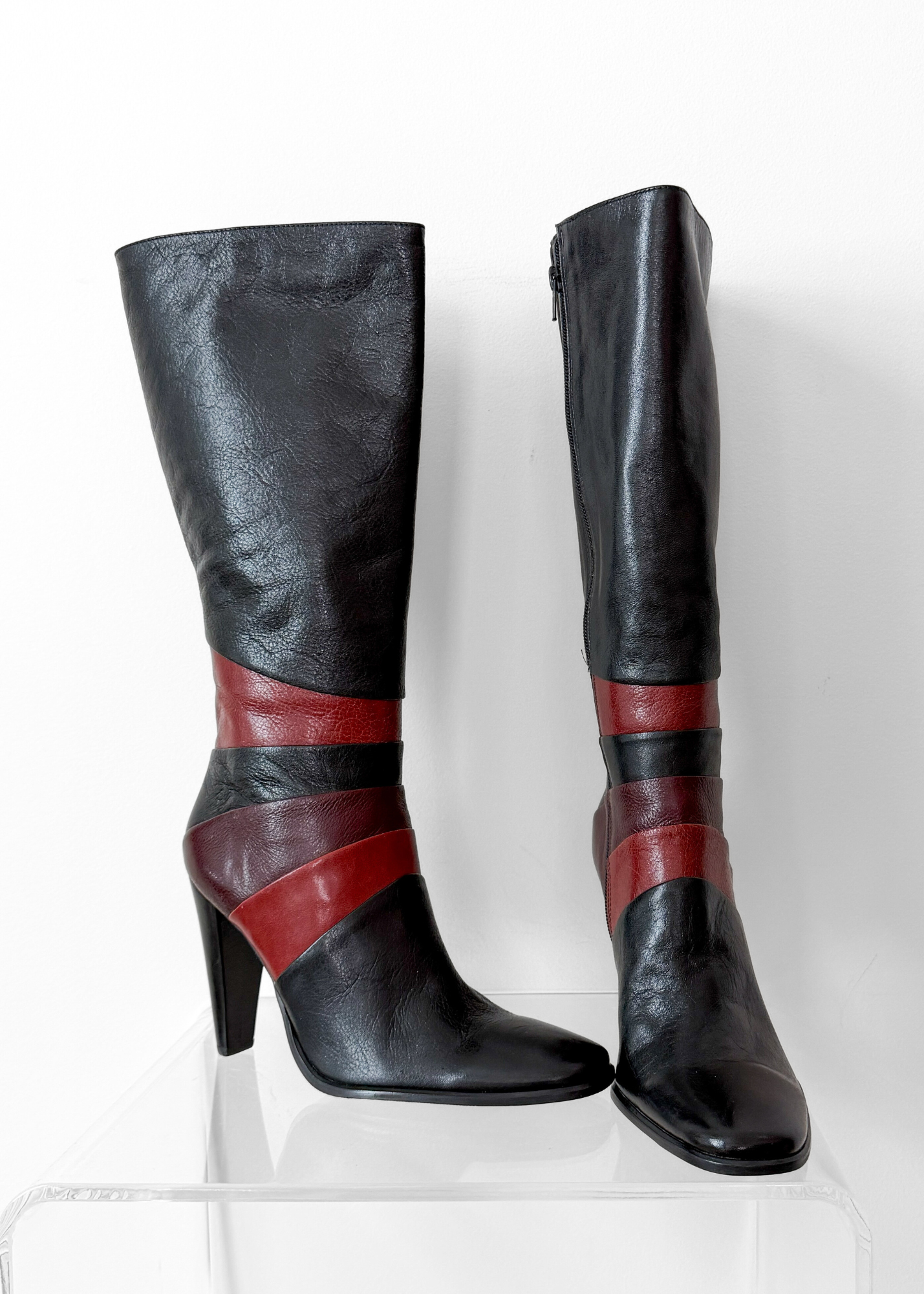 Vintage 90s Bronx Black Leather Patchwork Heeled Tall Boots (10)