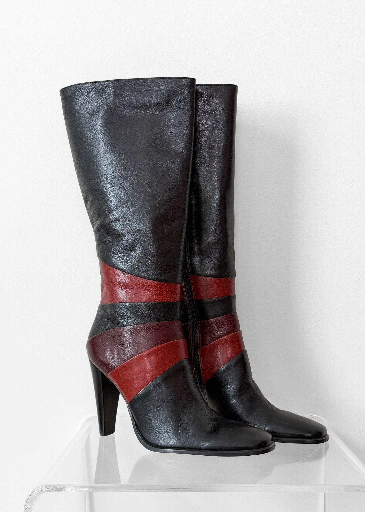 Vintage 90s Bronx Black Leather Patchwork Heeled Tall Boots (10)