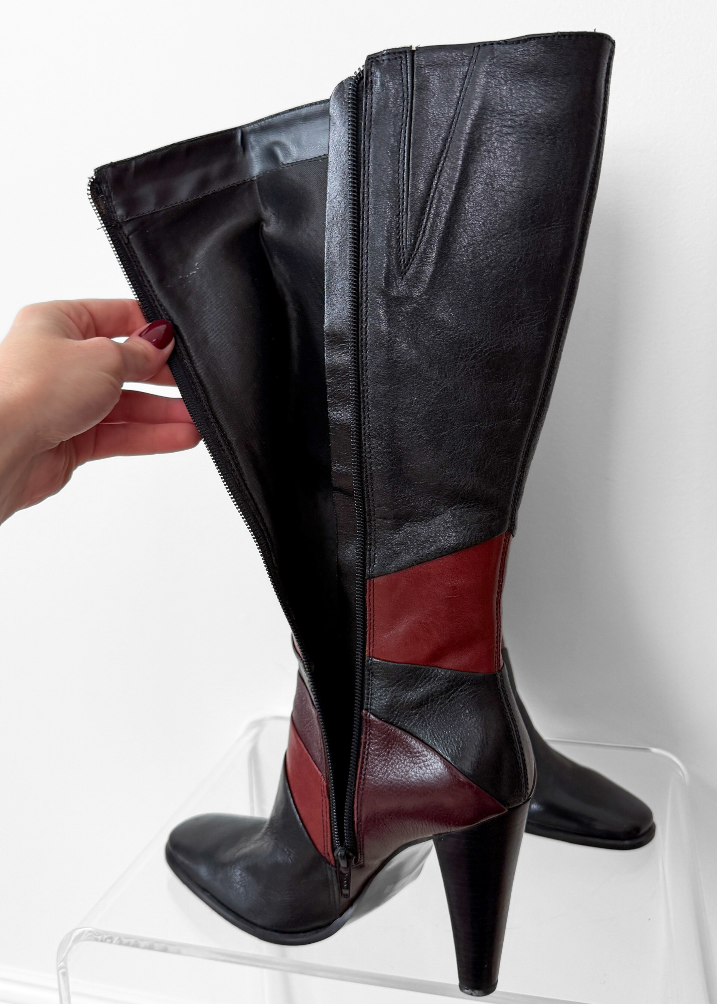 Vintage 90s Bronx Black Leather Patchwork Heeled Tall Boots (10)