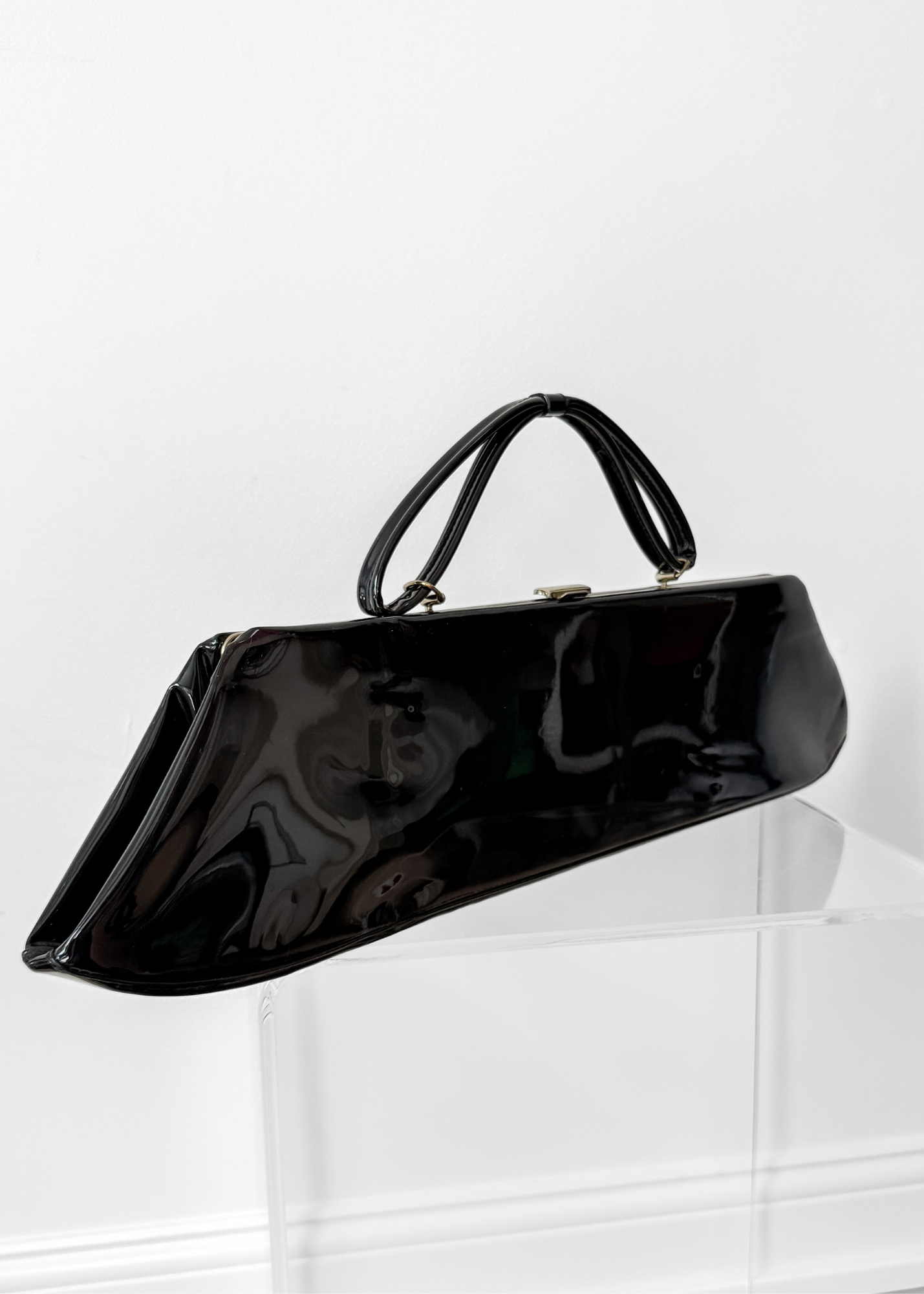 Vintage 70s 80s Black Patent Leather Extra Long Geometric Clutch Purse