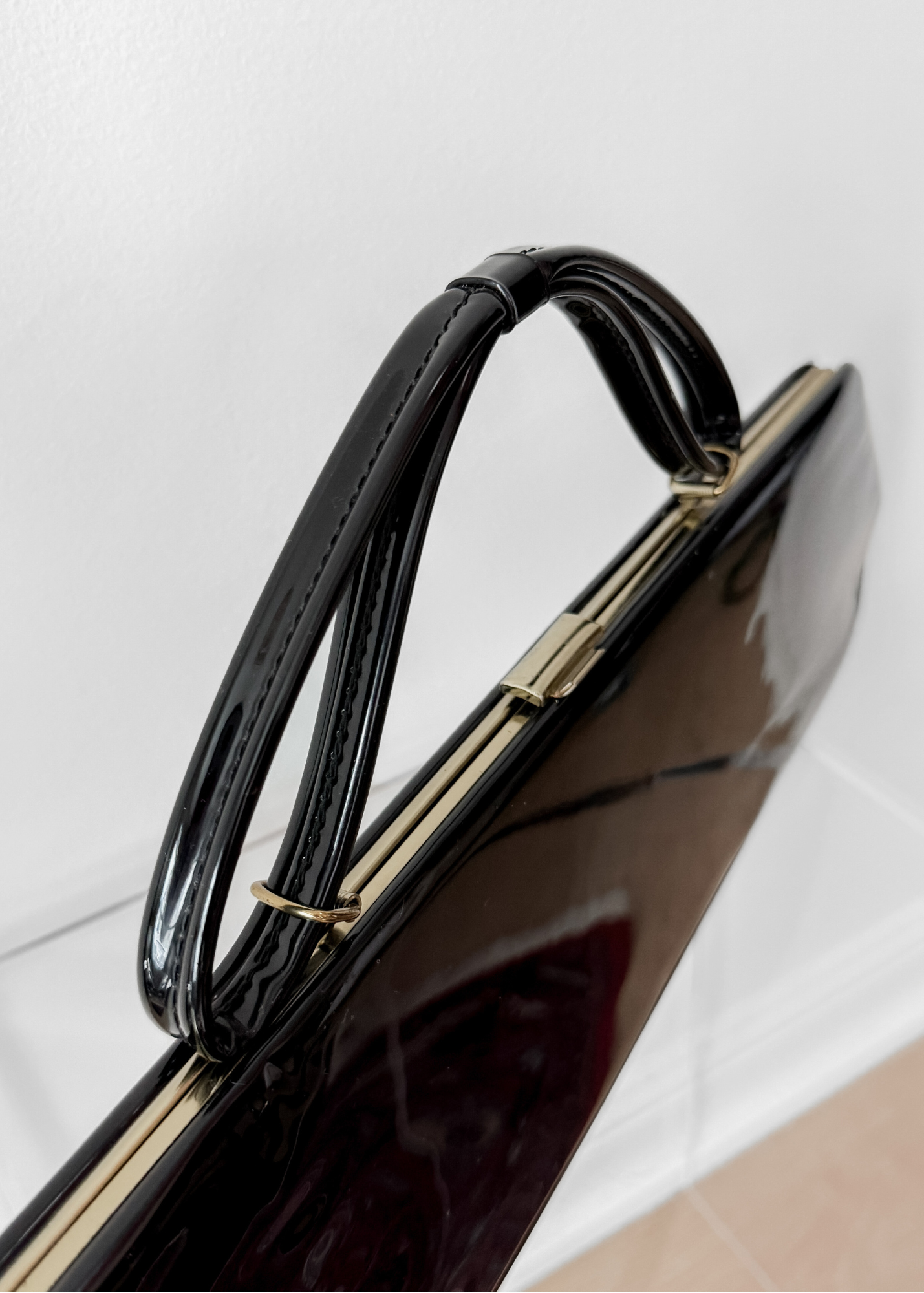 Vintage 70s 80s Black Patent Leather Extra Long Geometric Clutch Purse