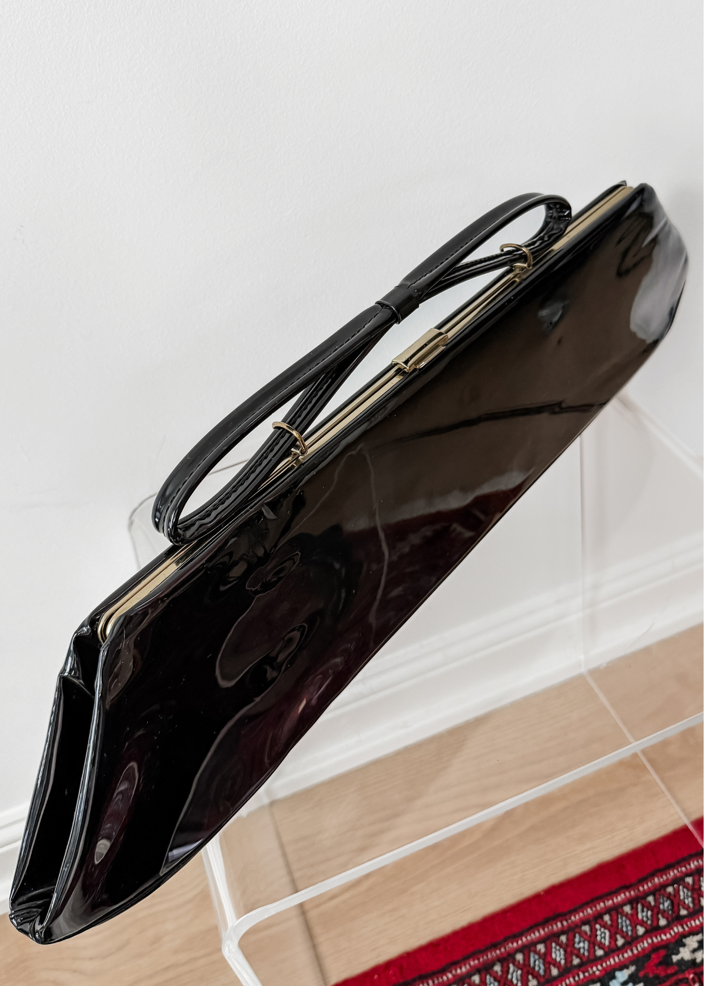 Vintage 70s 80s Black Patent Leather Extra Long Geometric Clutch Purse