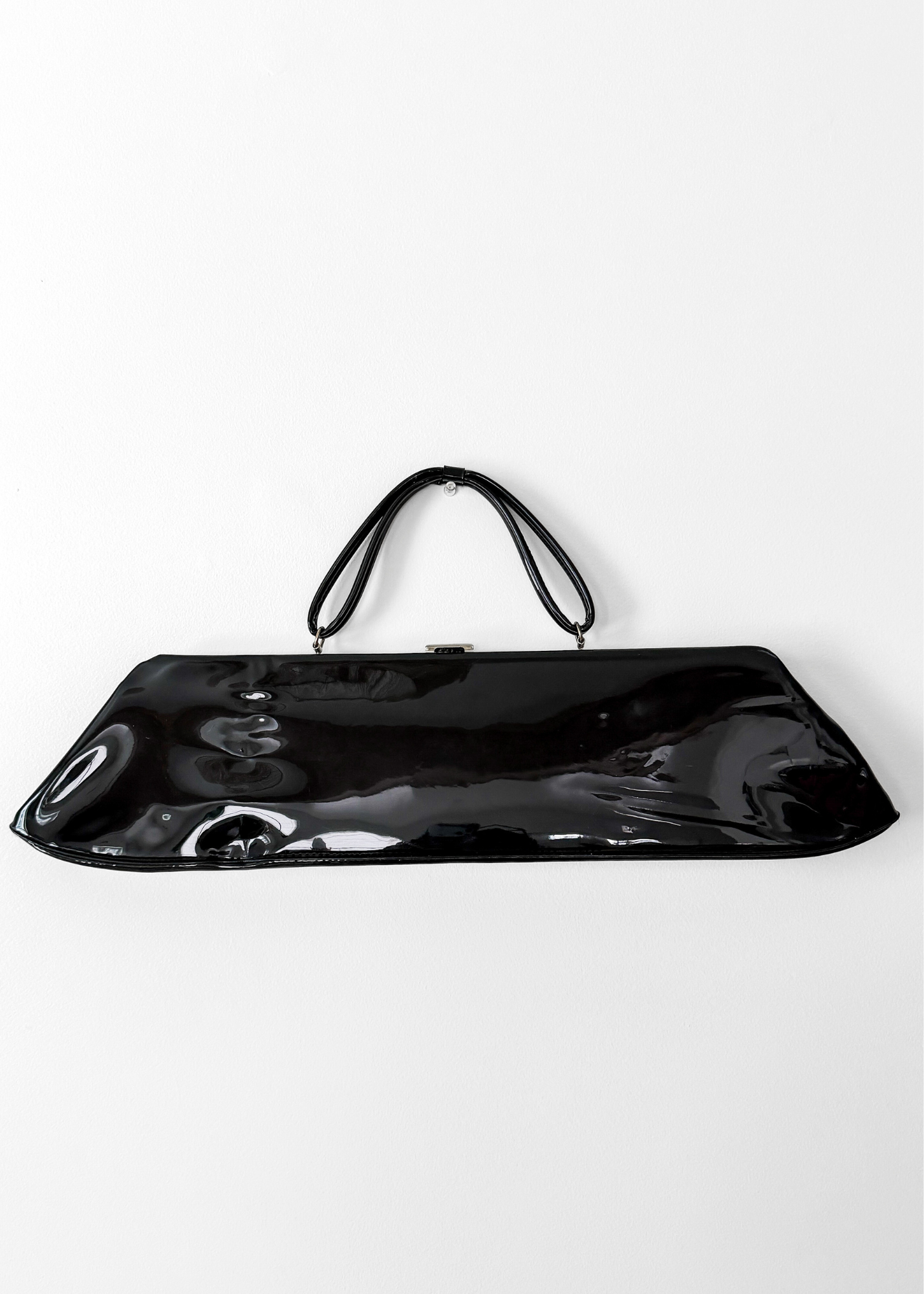 Vintage 70s 80s Black Patent Leather Extra Long Geometric Clutch Purse