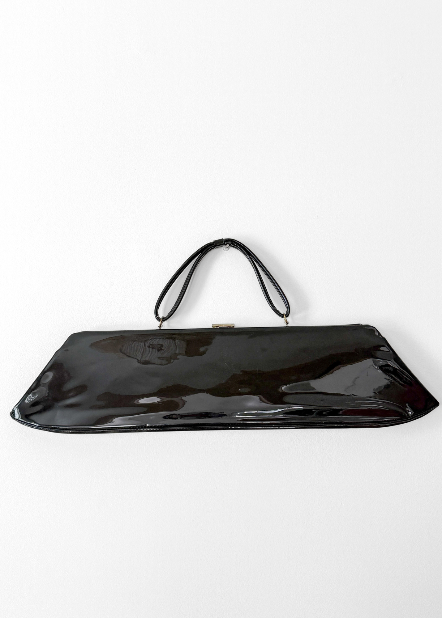 Vintage 70s 80s Black Patent Leather Extra Long Geometric Clutch Purse