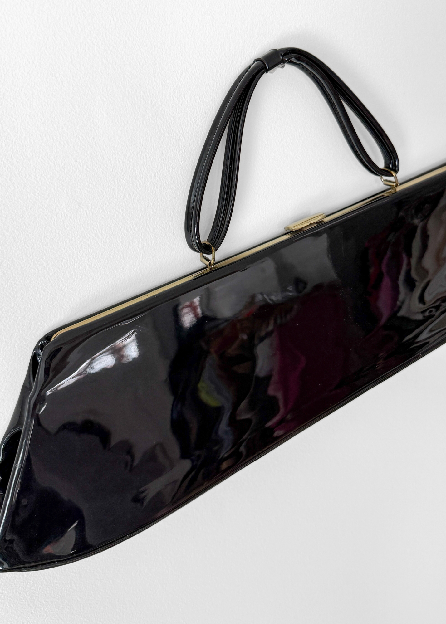 Vintage 70s 80s Black Patent Leather Extra Long Geometric Clutch Purse