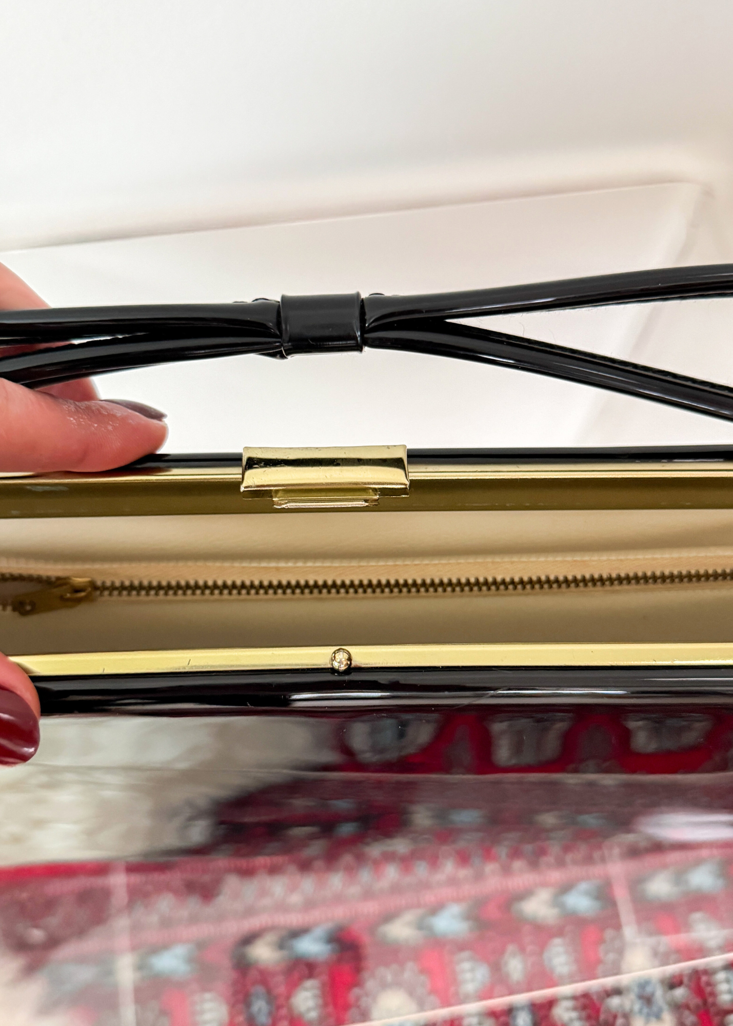 Vintage 70s 80s Black Patent Leather Extra Long Geometric Clutch Purse