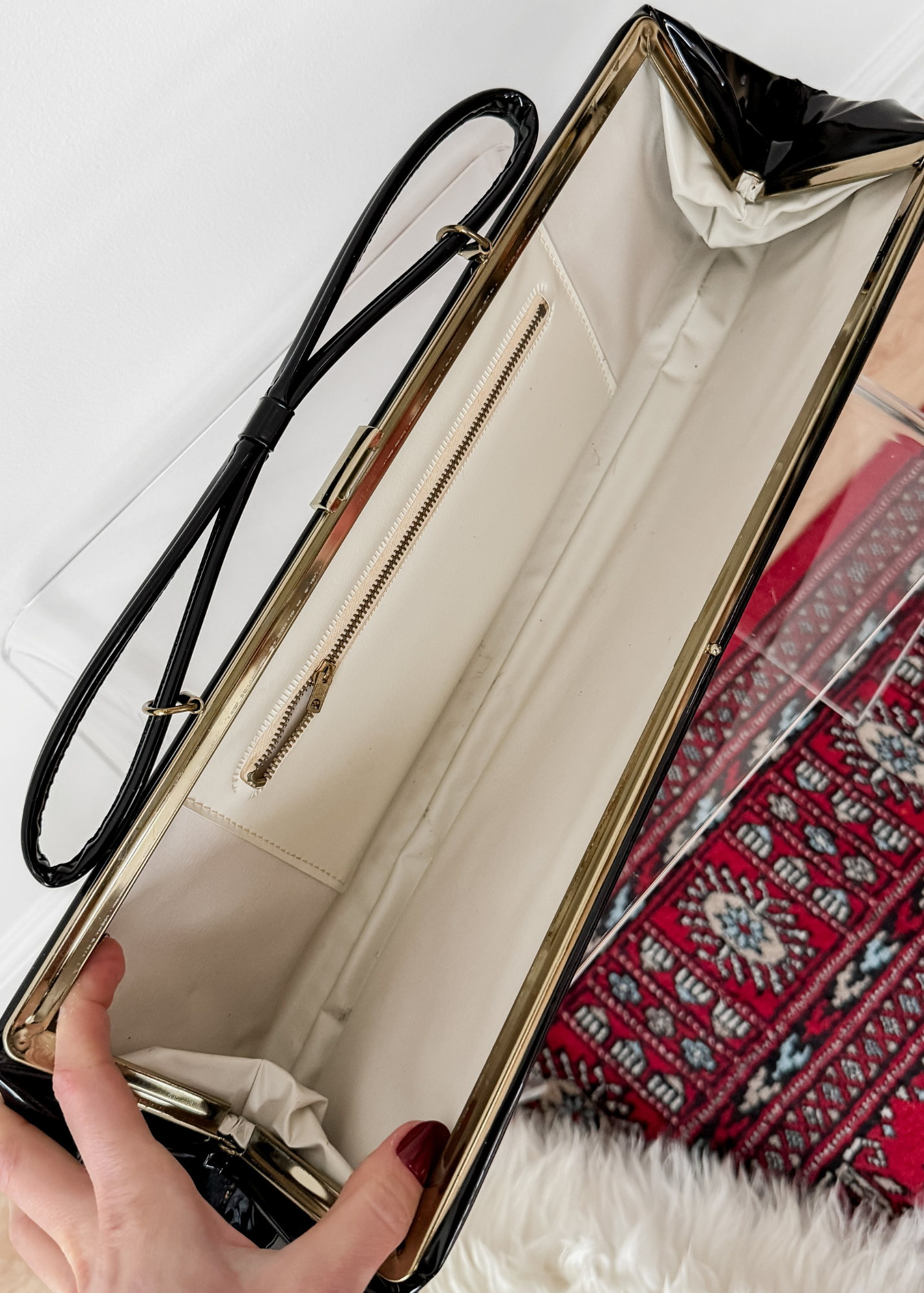 Vintage 70s 80s Black Patent Leather Extra Long Geometric Clutch Purse