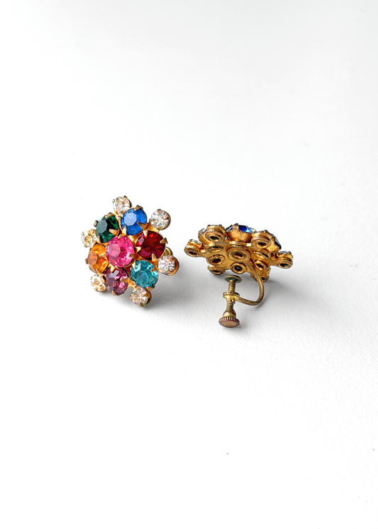 Vintage 70s Multi Color Rhinestone Cluster Clip Earrings
