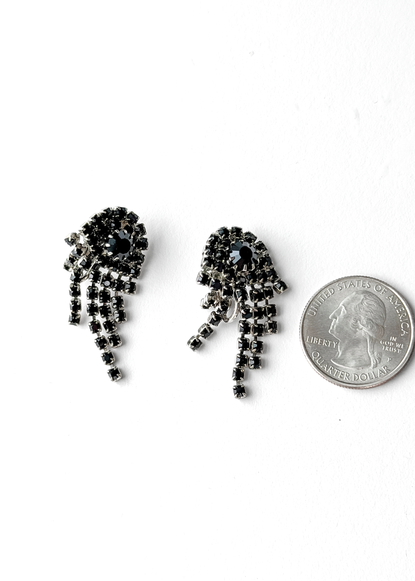 Vintage Black Rhinestone Chandelier Silver Clip-On Earrings