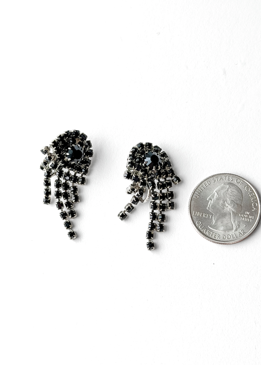 Vintage Black Rhinestone Chandelier Silver Clip-On Earrings