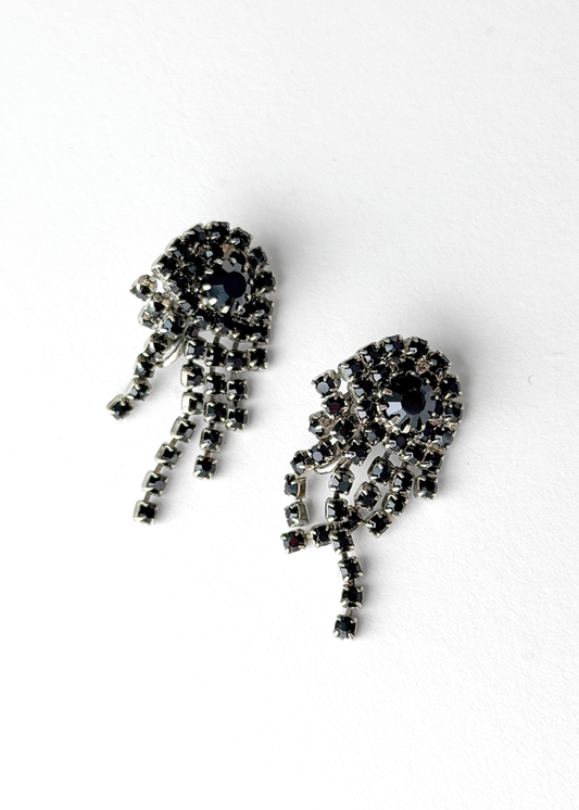 Vintage Black Rhinestone Chandelier Silver Clip-On Earrings