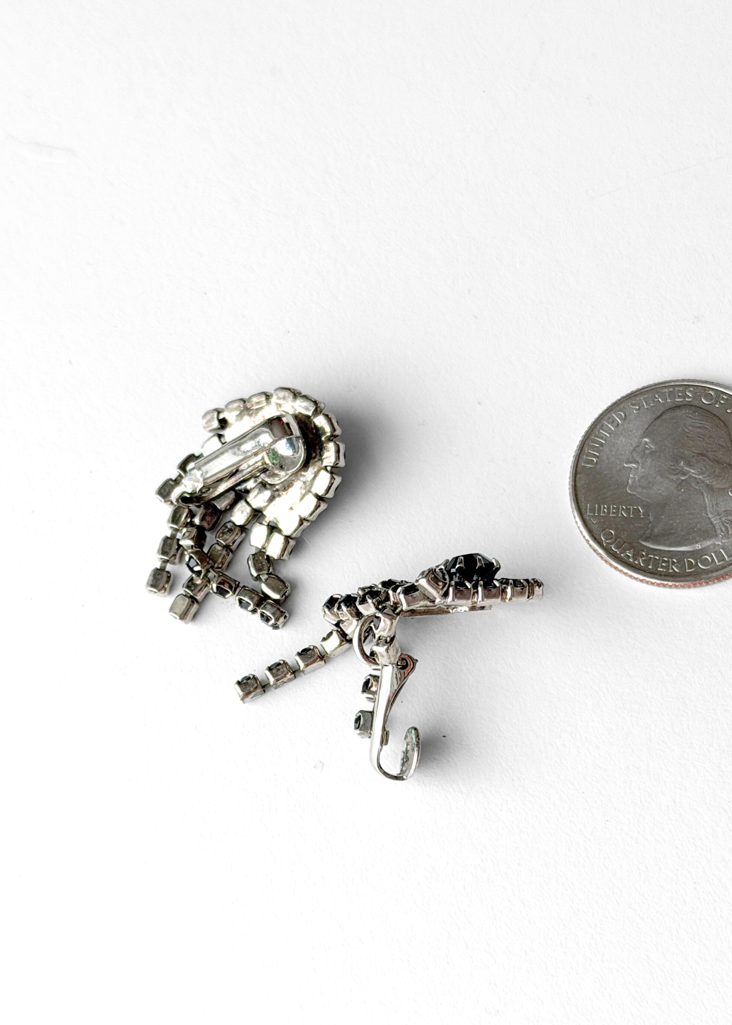 Vintage Black Rhinestone Chandelier Silver Clip-On Earrings