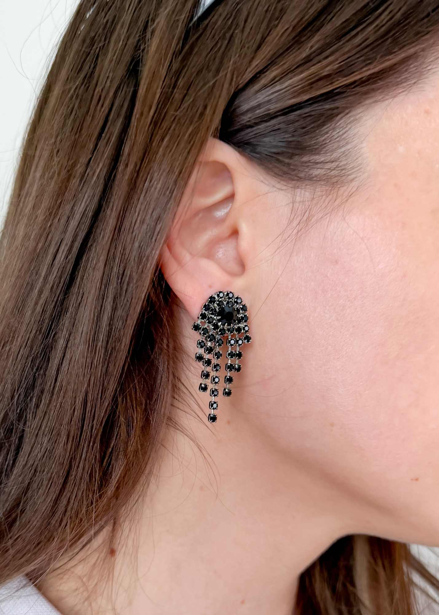 Vintage Black Rhinestone Chandelier Silver Clip-On Earrings