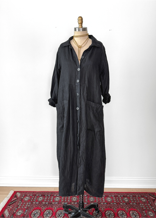 Vintage 90s FLAX Black Linen Button-Front Dress with Pockets