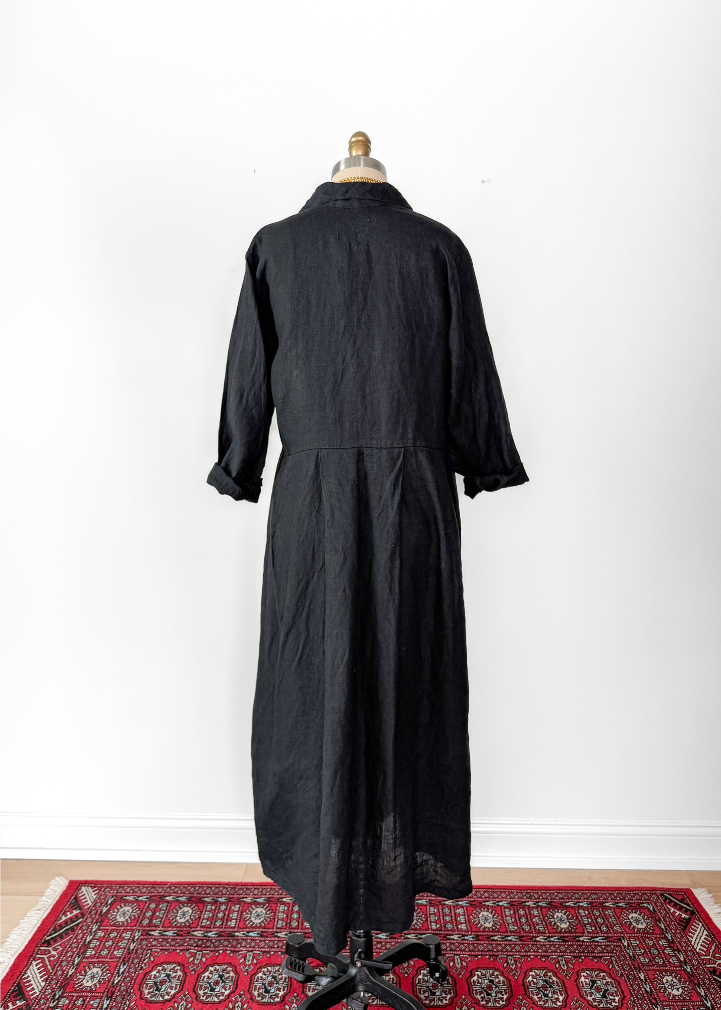 Vintage 90s FLAX Black Linen Button-Front Dress with Pockets