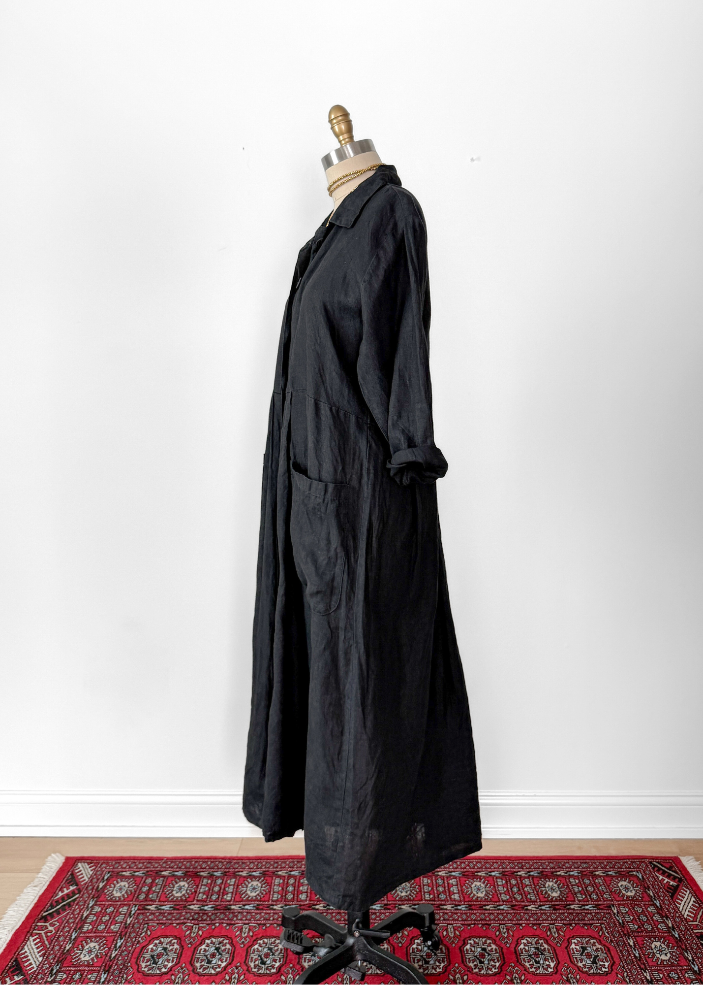 Vintage 90s FLAX Black Linen Button-Front Dress with Pockets