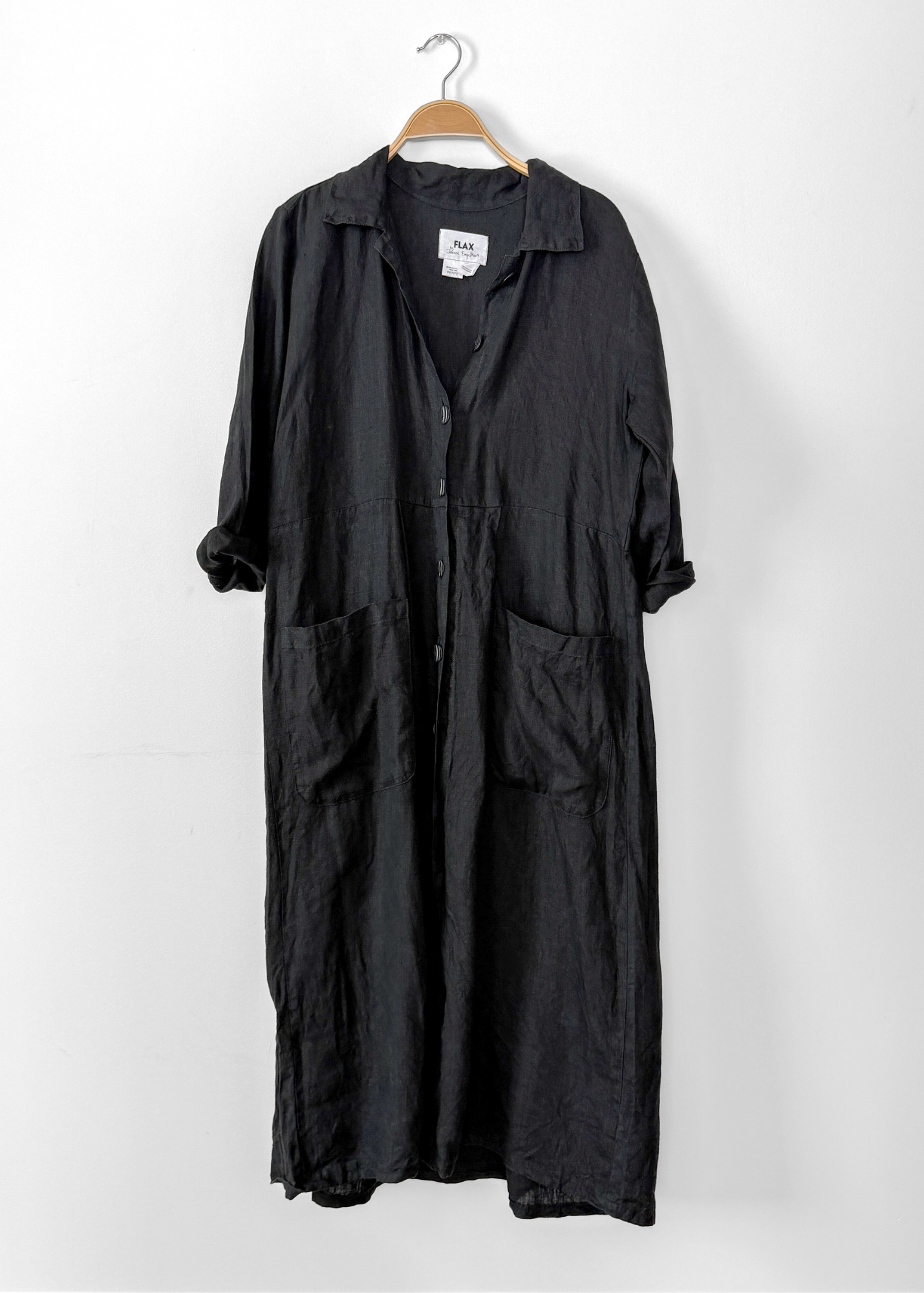 Vintage 90s FLAX Black Linen Button-Front Dress with Pockets