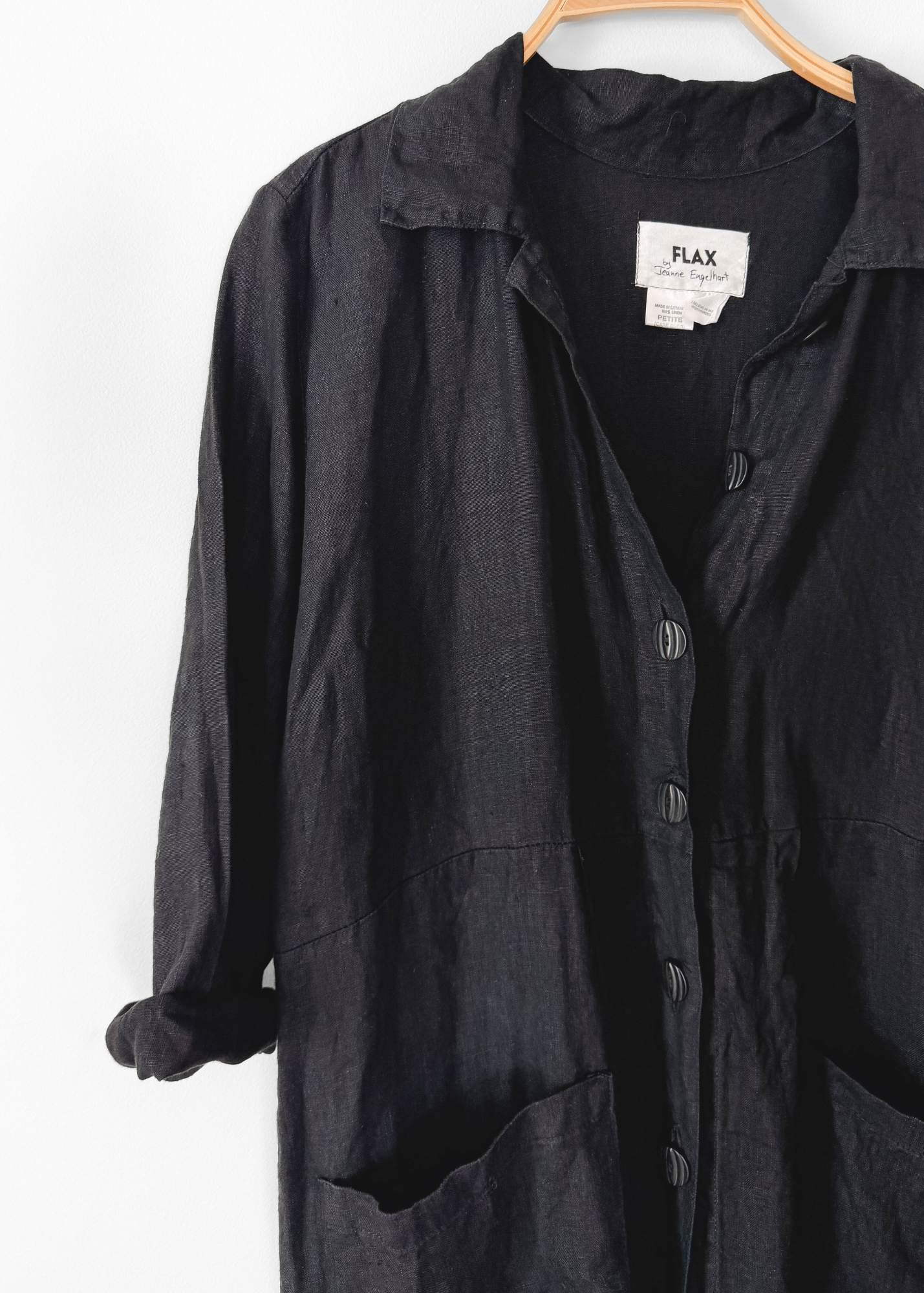 Vintage 90s FLAX Black Linen Button-Front Dress with Pockets