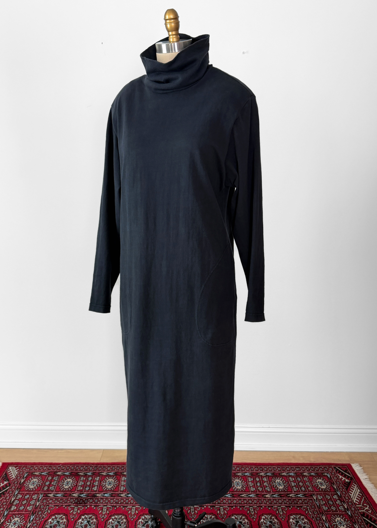 Vintage 80s Banana Republic 100% Cotton Knit Black Structured Shoulder Dress (L)