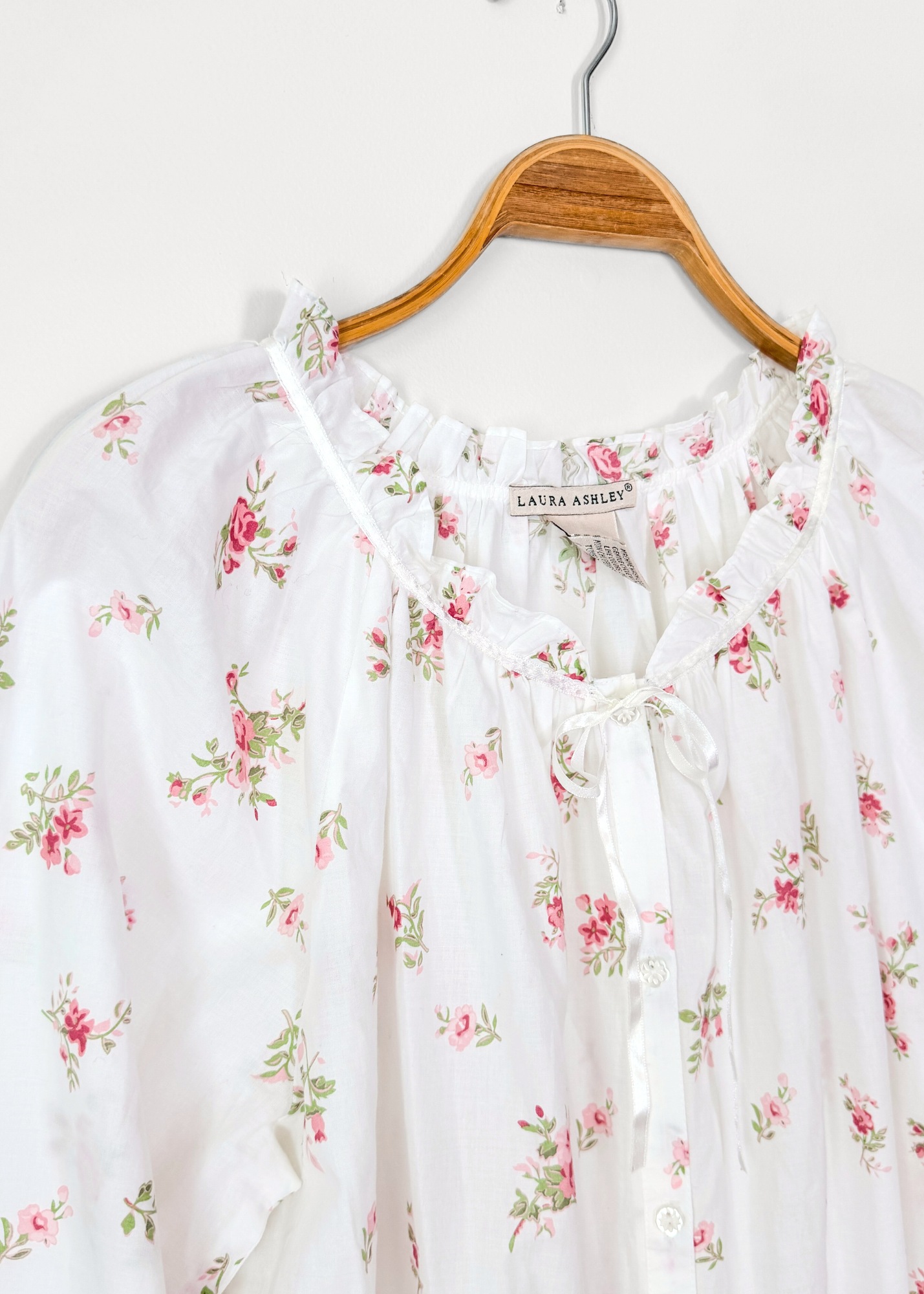 Vintage 90s Laura Ashley White & Rose Floral Print Feminine French Country Nightgown Dress (M)