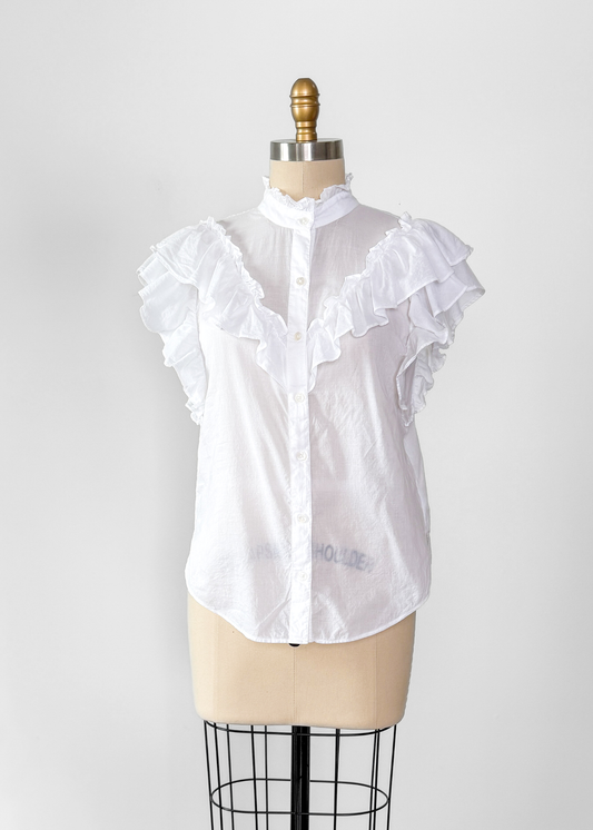 Veronica Beard Jaliyah White Cotton Button Down Ruffle Top (S)