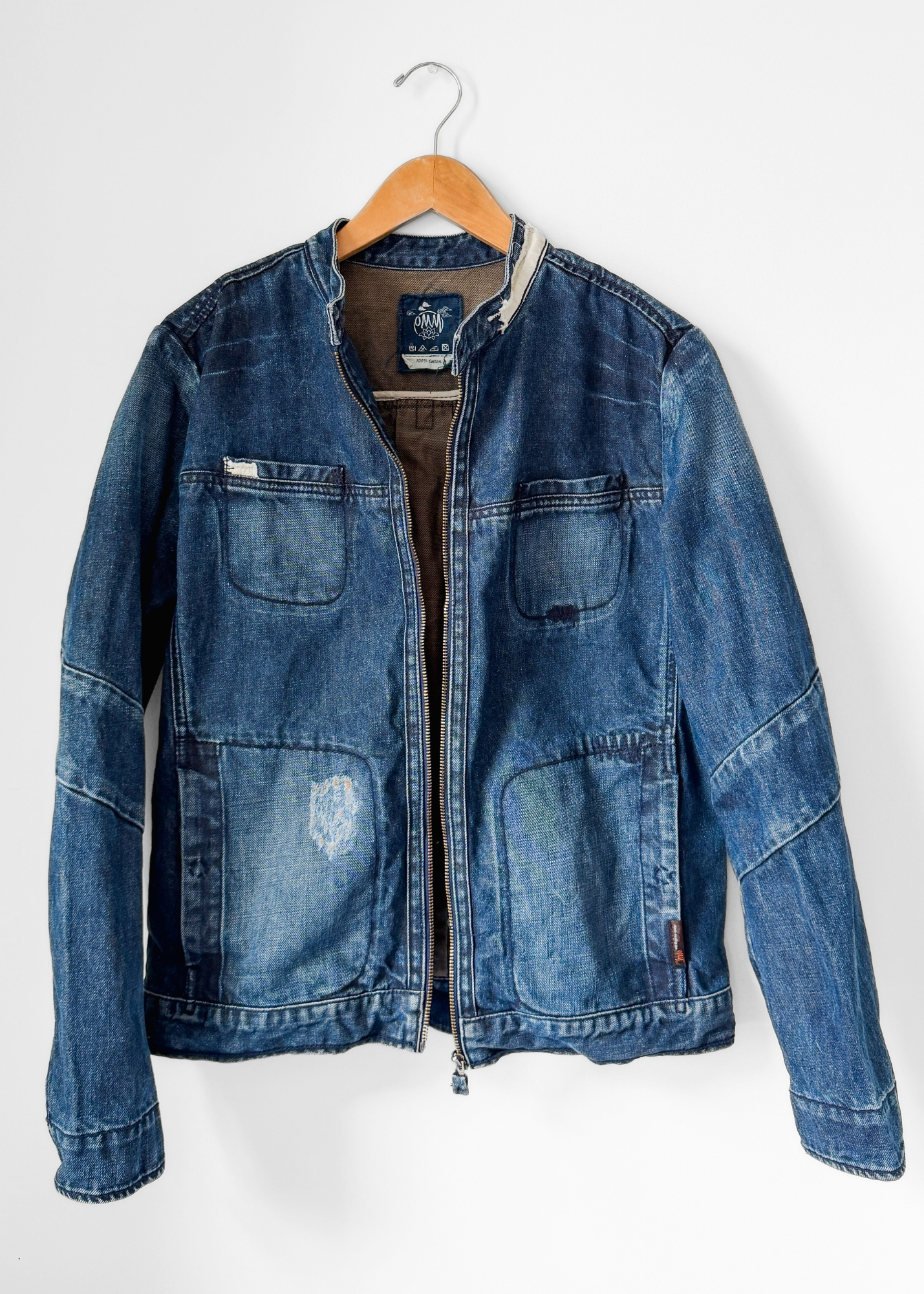 OMM Blue Denim Distressed Patchwork Jean Moto Jacket (L)