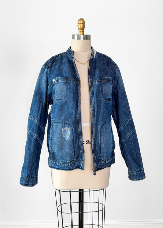 OMM Blue Denim Distressed Patchwork Jean Moto Jacket (L)