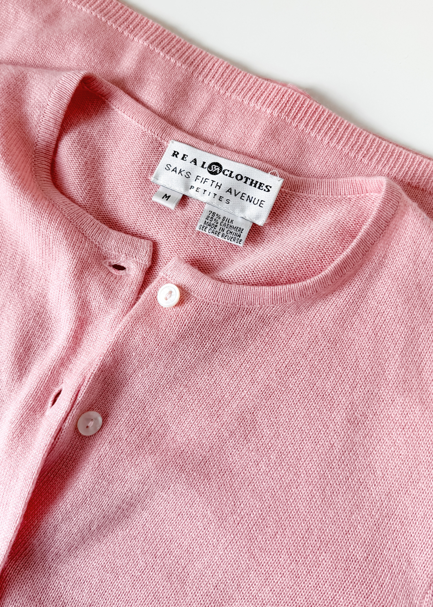 Real Clothes Saks Fifth Avenue Baby Pink Silk Cashmere Classic Cardigan Sweater (M)