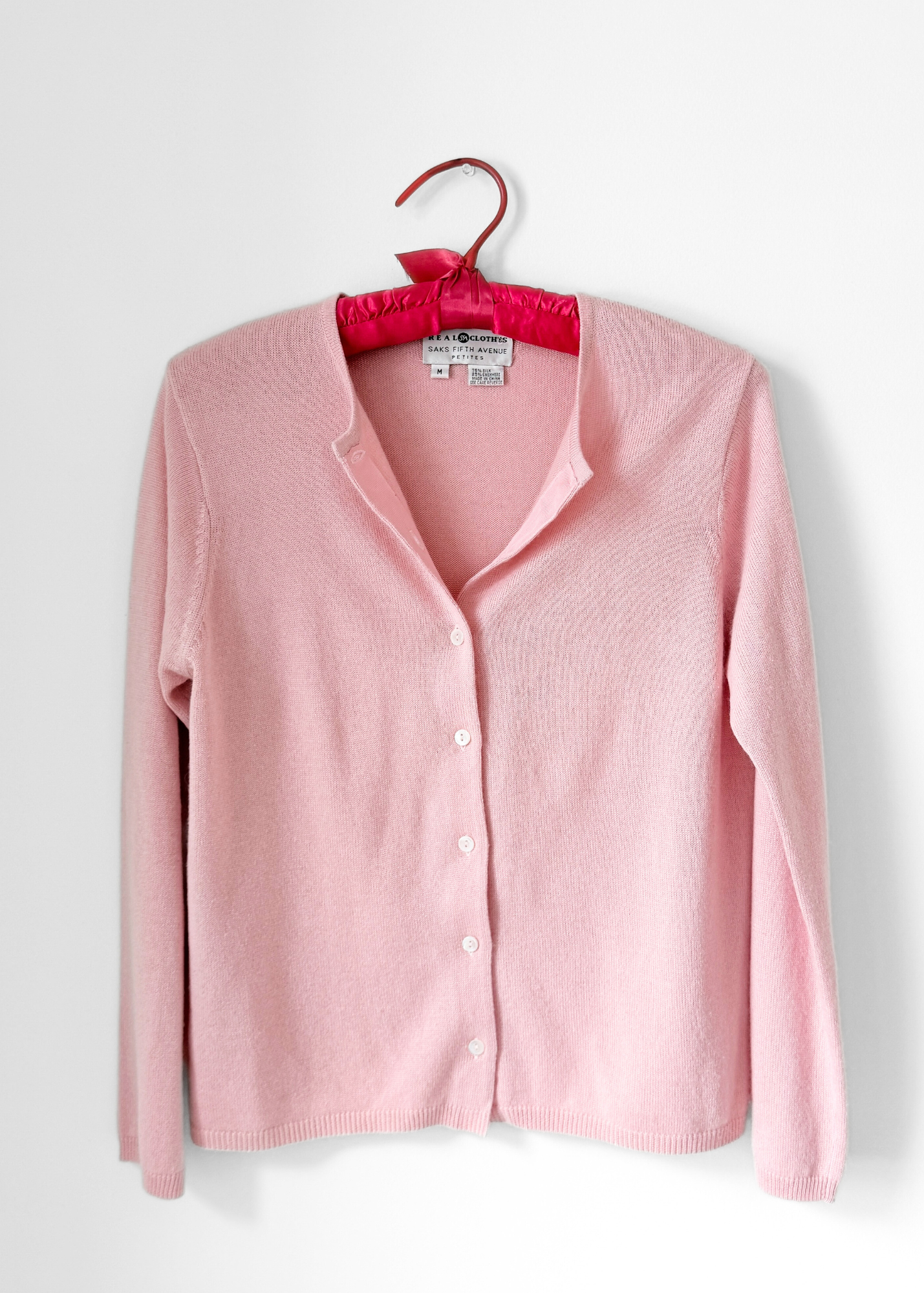 Real Clothes Saks Fifth Avenue Baby Pink Silk Cashmere Classic Cardigan Sweater (M)