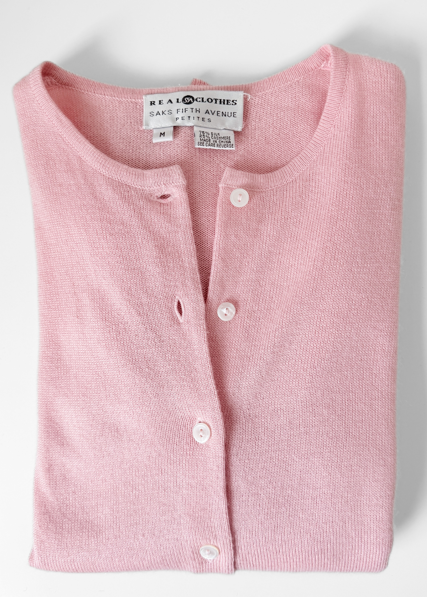 Real Clothes Saks Fifth Avenue Baby Pink Silk Cashmere Classic Cardigan Sweater (M)
