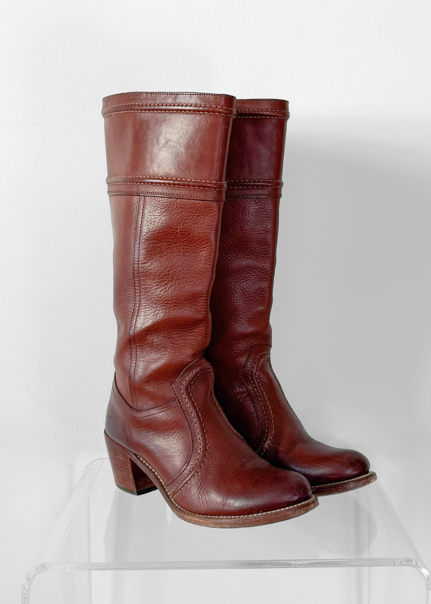 FRYE Jane Stitch Dark Brown Redwood Leather Riding Boots 77230  (8.5)