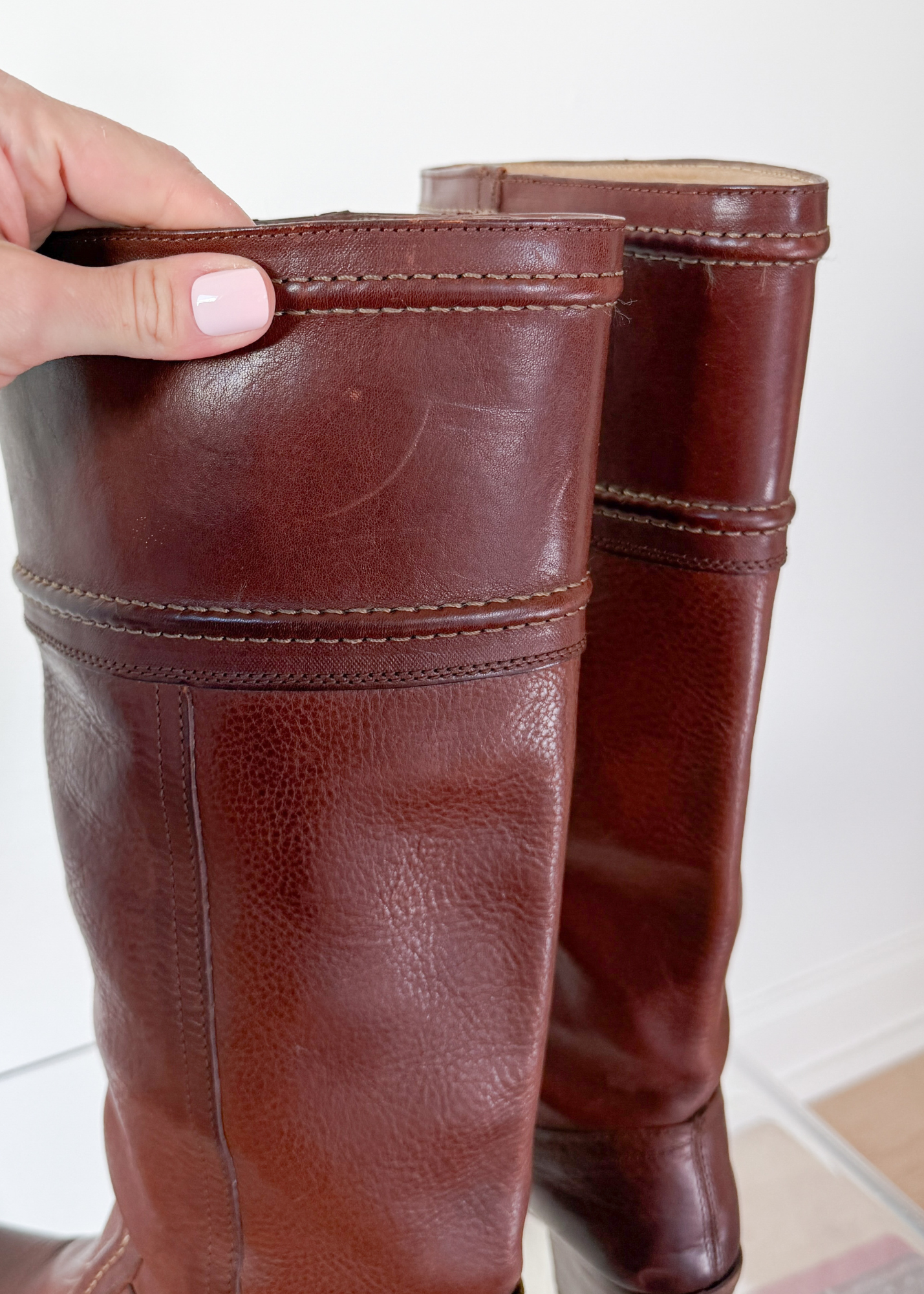 FRYE Jane Stitch Dark Brown Redwood Leather Riding Boots 77230  (8.5)