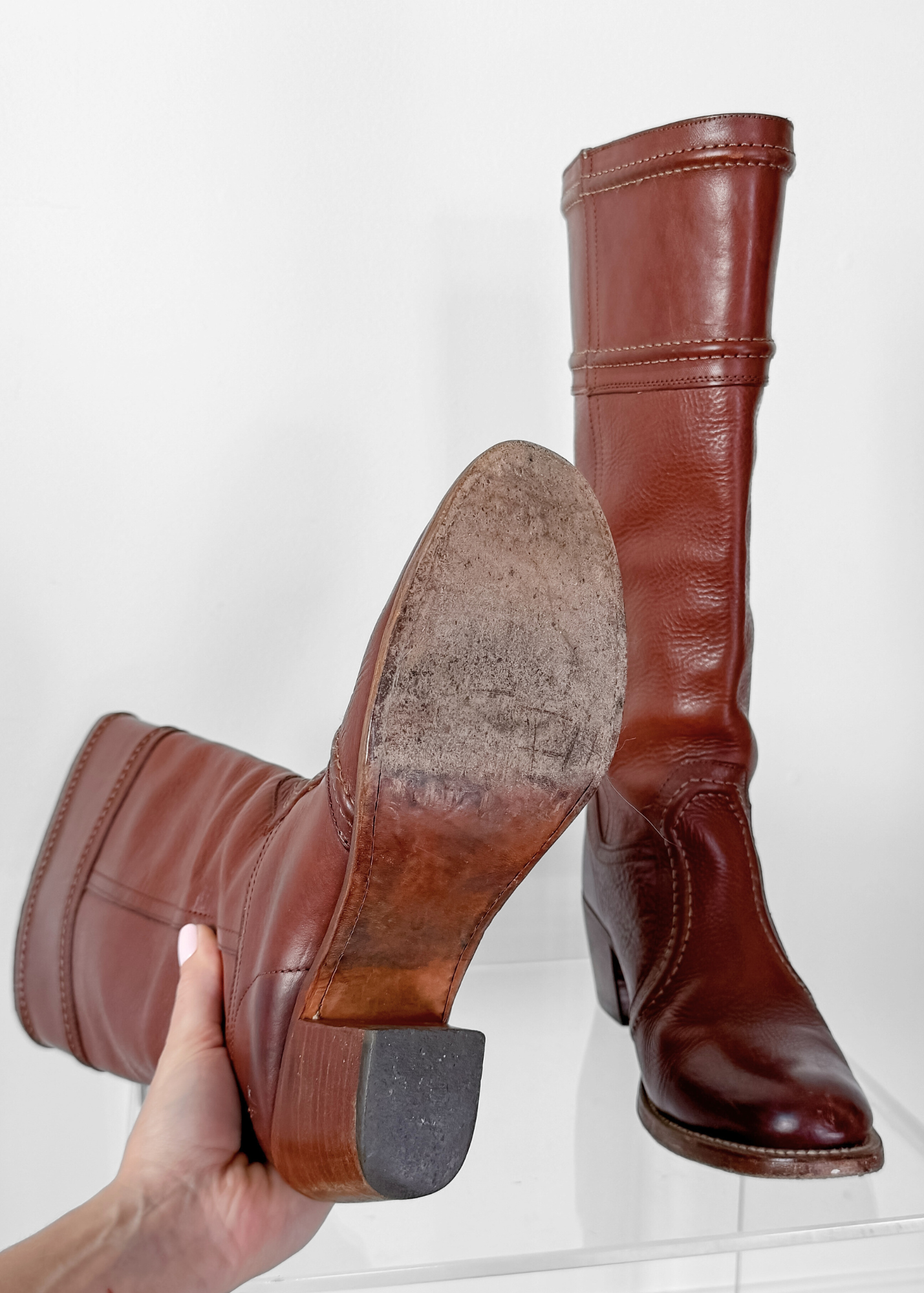 FRYE Jane Stitch Dark Brown Redwood Leather Riding Boots 77230  (8.5)